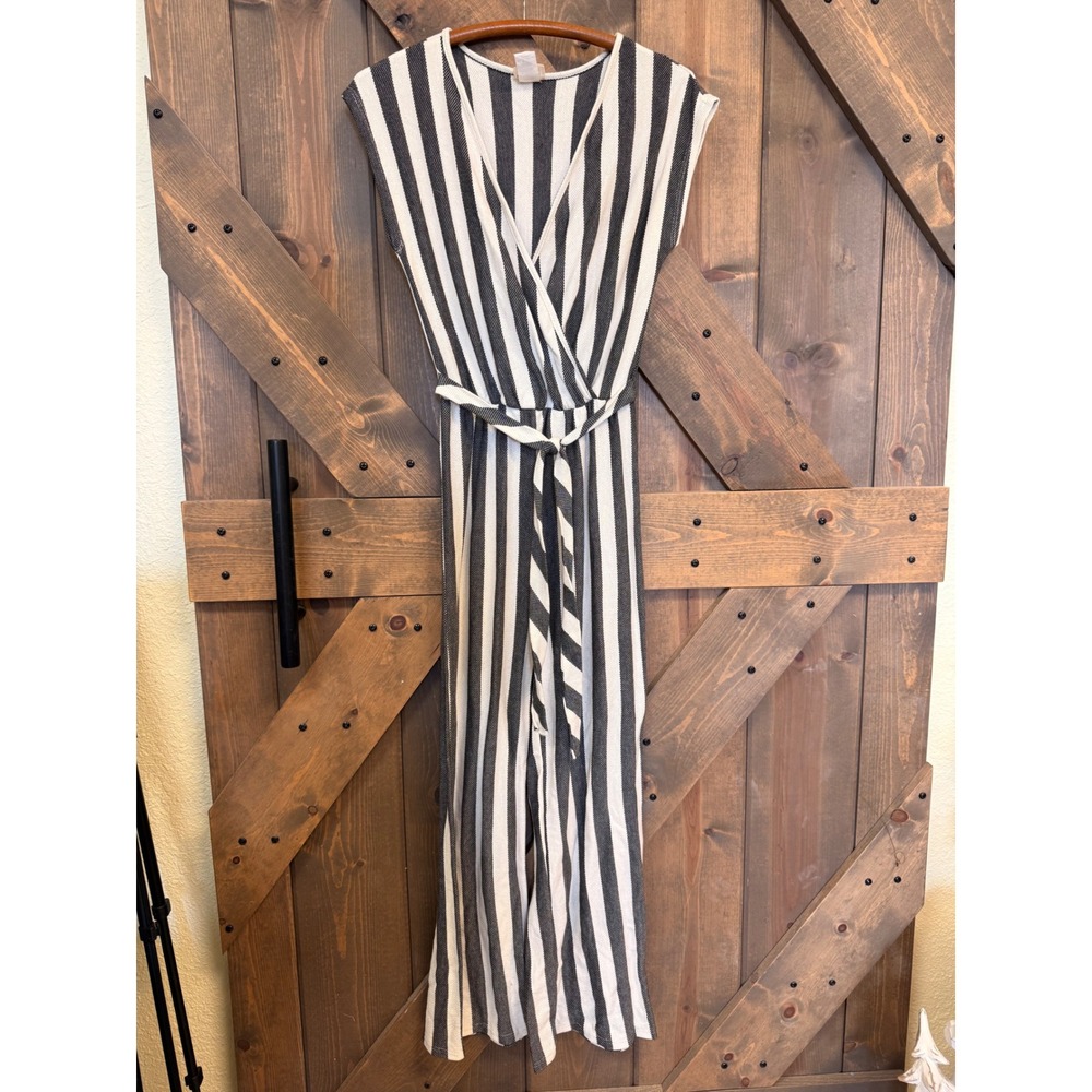 Caution to the Wind Jumpsuit Womens Small Black White Stripe Good Knit Wrap Tie
